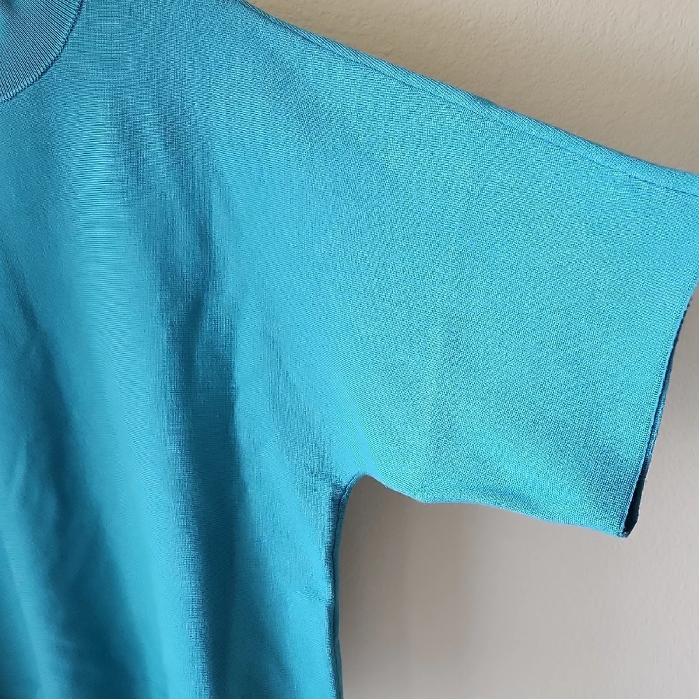 Chico's Teal Sweater Short Sleeve Mock Neck Wide Elbow Sleeves Sz L (2) Soft - Picture 8 of 16